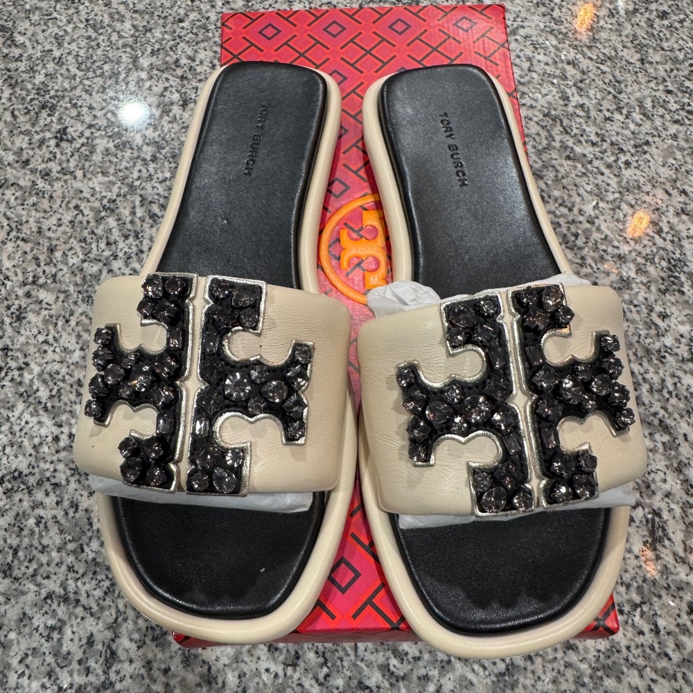 NIB Tory Burch crystal double T sport slide new cream